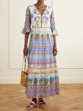 Emporio Sirenuse Blue and Cream Mediterranean-Print Tiered Maxi Dress